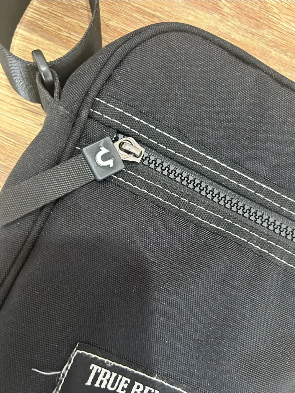 True Religion Black Canvas Belt Bag with Front Zip and Logo Patch